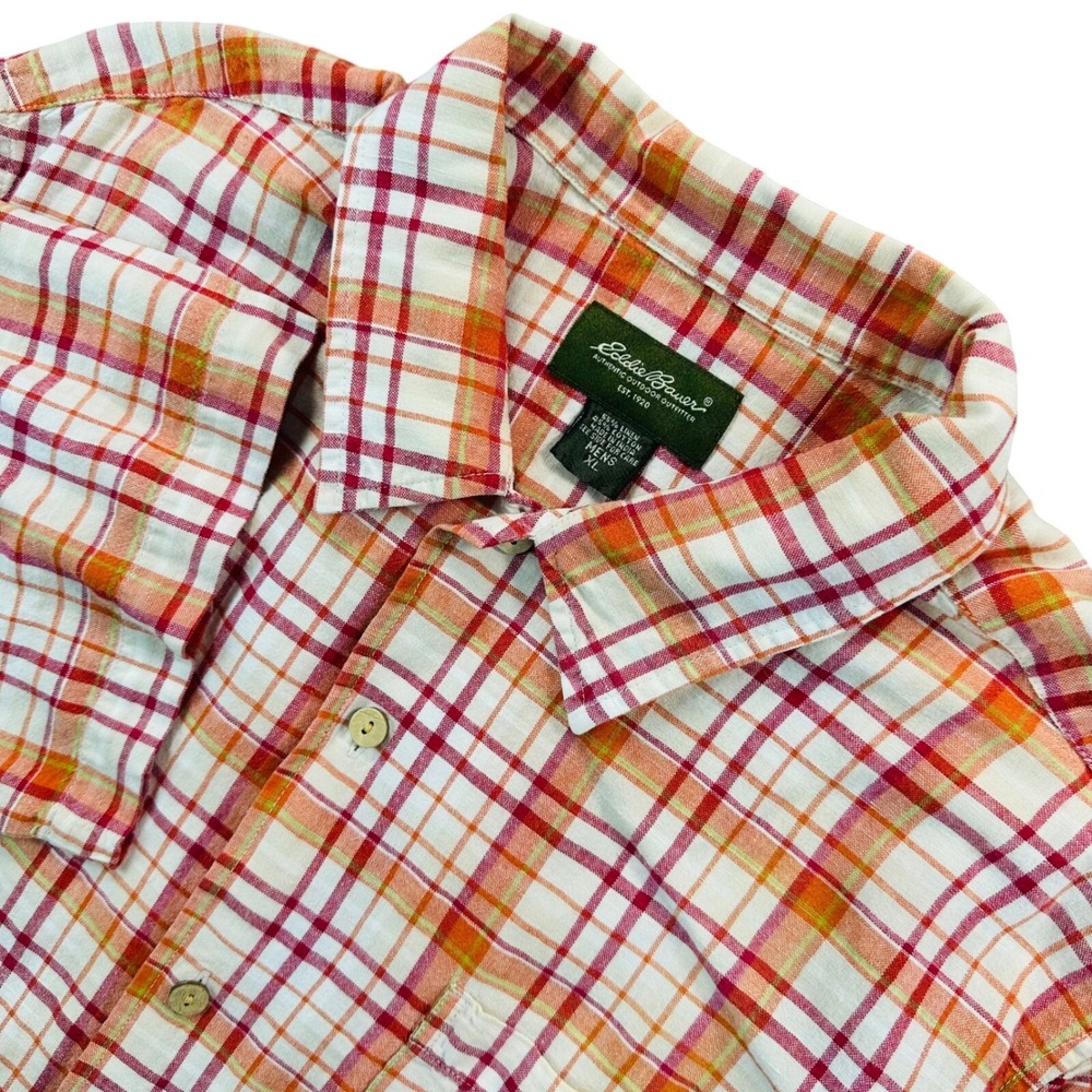 Eddie Bauer Men's XL Short Sleeve Linen Blend Orange Red Plaid Shirt Outdoors
